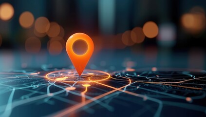 Abstract navigational location pin with bright glowing orange light effects on a blurred urban cityscape backdrop, designed as a canvas-style digital map illustration symbol for travel and guidance. H
