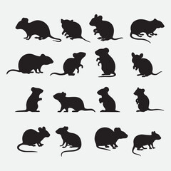 Collection of black rodent silhouettes in various poses on clean white background