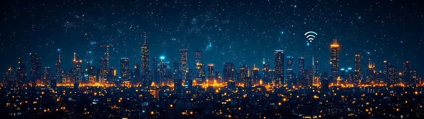 Fototapeta premium Illuminated cityscape at night, overlaid with digital network elements