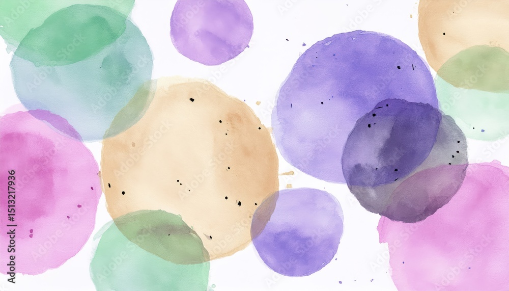 Poster watercolor overlapping pastel circles with ink splatter on white background for abstract web design, print, branding, or minimalist decor


