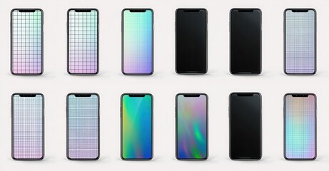 A set of modern touchscreen cellphones with various screen display patterns and colors, set against a neutral background to highlight the tech