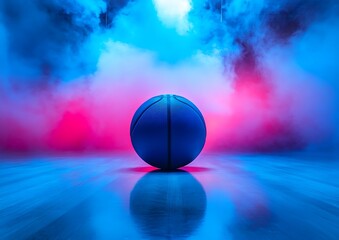 Basketball on court in vibrant neon light