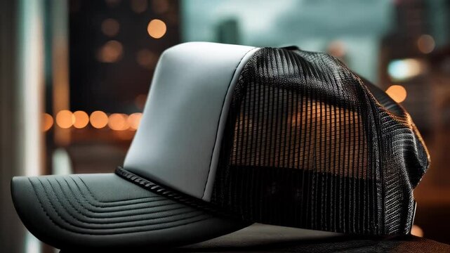 Neutral trucker hat sits atop concrete wall with bokeh light city background, promoting simple urban style and versatile blank canvas for branding.