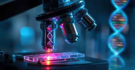 Close up of a microscope with a DNA helix on the lens and in the background, lit with vibrant blue and red light.  Scientific research.