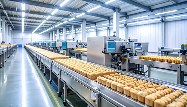 Automated Food Production Line with Conveyor Belts and Baked Goods in a Factory