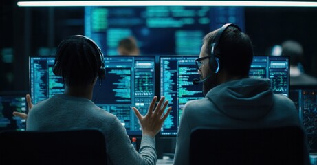 Two professionals collaborate in a modern tech environment, surrounded by monitors displaying lines of code and data analysis, fostering innovation.