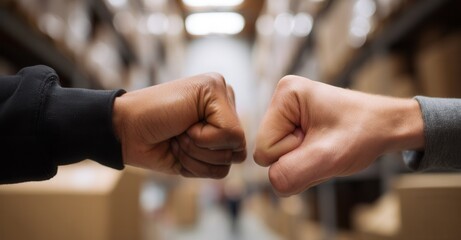 A diverse fist bump in a busy storage area. Teamwork and collaboration between two people. Hands of different skin tones.