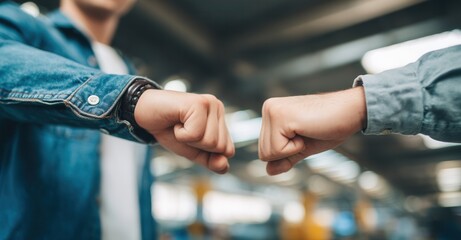 Two people bump fists in a gesture of camaraderie. Their denim jackets suggest a casual setting and collaborative spirit.