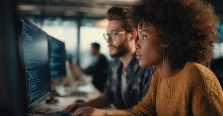 Two focused software engineers work side-by-side, intently coding at their computers in a modern, collaborative office environment.