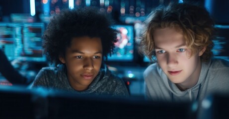 Focused youths working together using computers, illuminated by screen glow, indicates coding or gaming in a modern, tech-driven environment.