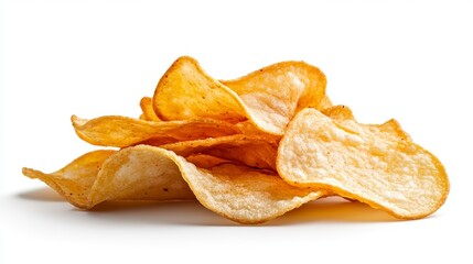 Golden potato crisps pile isolated against a bright white background, showcasing texture and savory deliciousness for snacking enjoyment and party treats