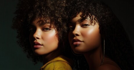 A captivating portrait highlighting the natural beauty of two women with radiant complexions and voluminous curly hair. Beauty and elegance are emphasized.
