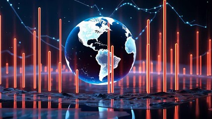 Digital globe surrounded by glowing red data bars and futuristic graphs on a holographic grid background showing Earth’s analytics in 3D space

 - Powered by Adobe