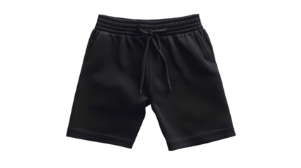 A pair of black athletic shorts with a drawstring waistband  in a studio shot isolated on transparent background