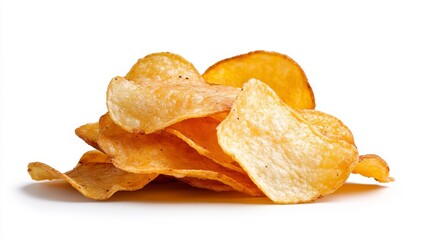 Golden Cascade of Crispy Potato Chips Delightfully Arranged on White Surface