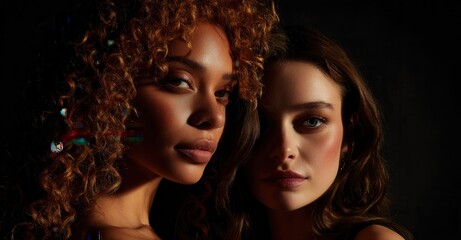 Two women showcase beauty in studio lighting, their diverse features highlighting skin and hair, radiating warmth and sophistication.