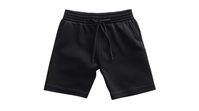 A pair of black athletic shorts with a drawstring waistband  in a studio shot isolated on transparent background