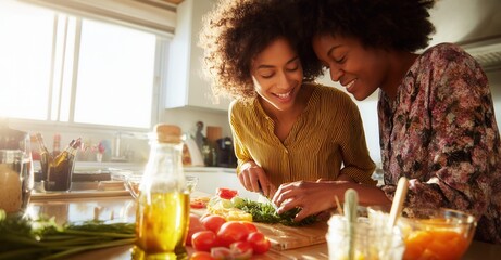 Two women happily prepare a vibrant, healthy meal together in a sunlit kitchen, chopping vegetables with smiles on their faces.