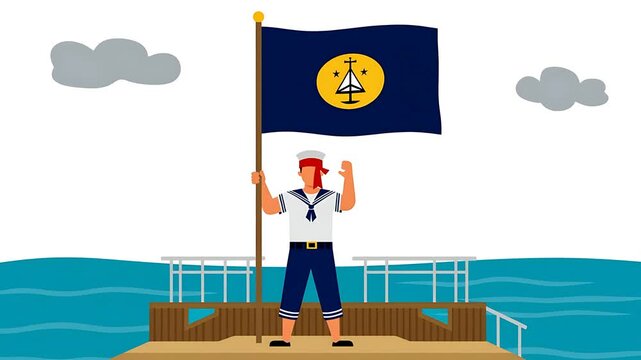 Sailor Raising Nautical Flag on Ship Deck, Vector Illustration
