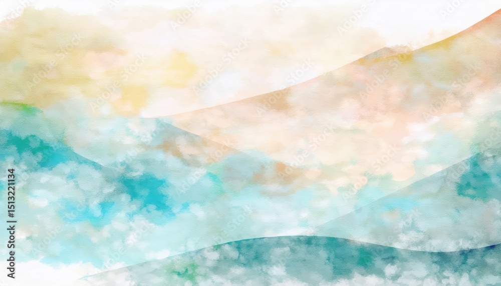 Poster soft pastel watercolor landscape with abstract rolling hills and cloudy sky ideal for web background