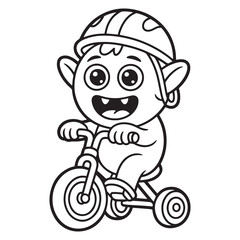 Excited Monster Riding a Tricycle with Helmet – Fun Outdoor Activity Cartoon Line Art Illustration for Kids