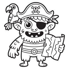 Happy Pirate Monster Reading a Treasure Map with a Parrot on Shoulder – Fun Adventure Cartoon Line Art Illustration for Kids