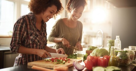 Two friends joyfully prepare a vibrant salad together in a sunlit kitchen, sharing laughter and healthy eating habits.