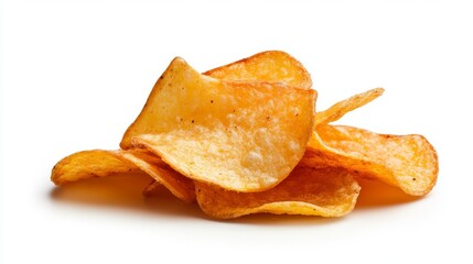 Golden-Hued Potato Crisps Stacked on White Backdrop for Culinary Visuals and Snacking Concepts