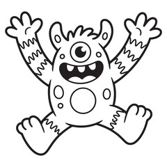 Joyful Monster with Arms Raised Celebrating – Excited Cartoon Line Art Illustration for Kids