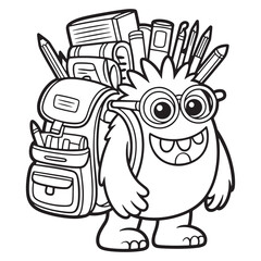 Excited Monster Returning to School with Big Backpack – Fun Back-to-School Cartoon Line Art Illustration for Kids