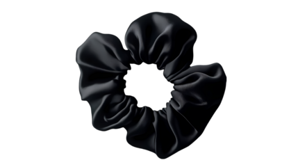 A close up of a black scrunchie with  and visible fabric texture and soft lighting isolated on transparent background