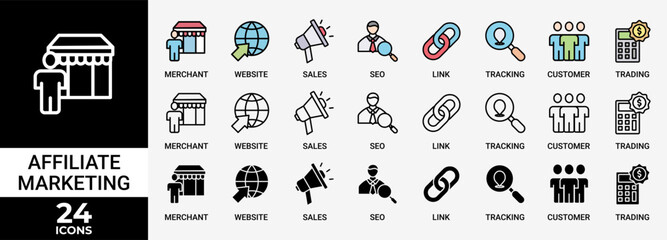 AFFILIATE MARKETING icon set with various styles and colors of trading, seo, tracking, customer, link, sales, website, merchant icon live stroke