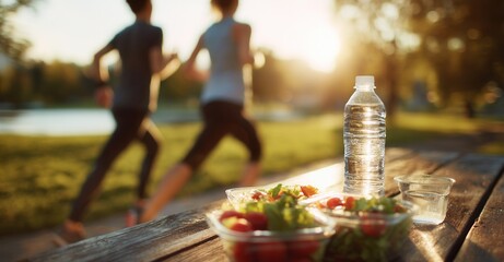 Couple enjoying a sunny run, with refreshments of salad and water ready for them on a wooden table at the finish line.