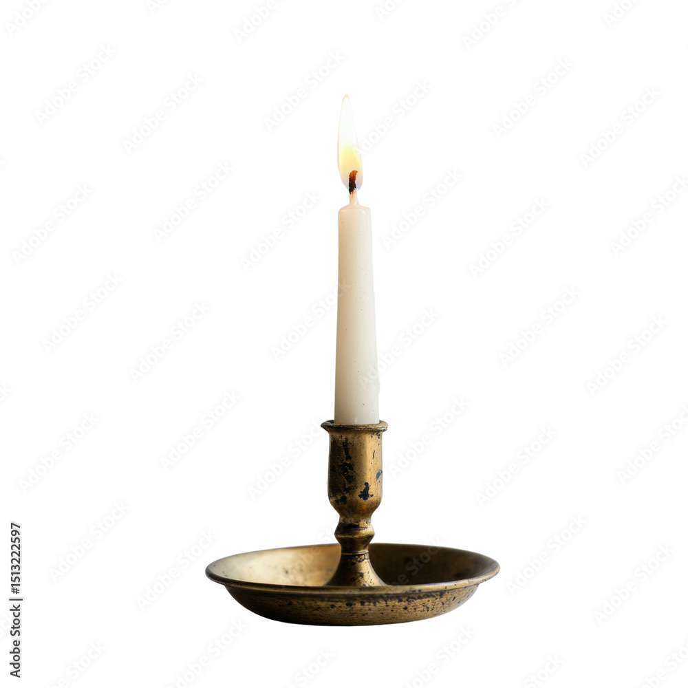 Poster vintage candle holder with lit white candle, creating warm and inviting atmosphere. brass holder add