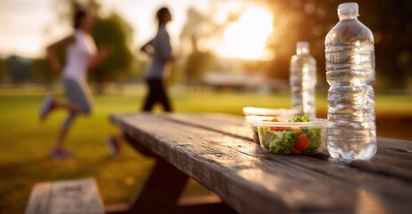 Healthy picnic with salad and water after exercise, promoting healthy eating and exercise, balanced lifestyle with nature and activity.