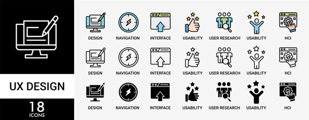 UX DESIGN icon set with various styles and colors of accessibility, usability, design, user research, hci, structuring, navigation, interface icon live stroke and easy to edit