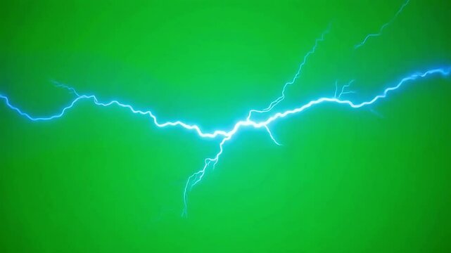 dramatic blue lightning bolt on green screen background perfect for vfx projects and motion graphics compositions requiring energy and power elements







