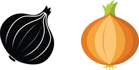 Onion illustration in black silhouette and colorful style isolated on white