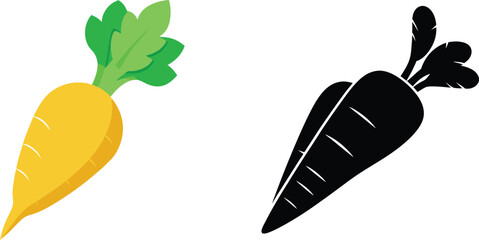Yellow carrot with green leaves next to its black silhouette vector illustration