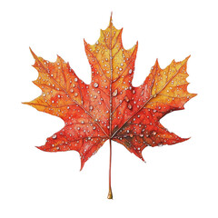 vibrant red maple leaf adorned with droplets of water, showcasing autumn beauty and freshness. intricate details highlight leaf texture and colors, evoking sense of nature artistry