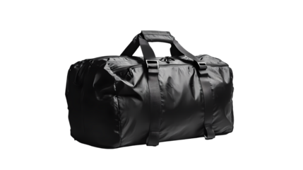 A sleek black duffel bag with straps and zippers  in a studio setting isolated on transparent background