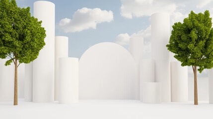 Fototapeta premium economy consumption demand concept. Minimalist landscape with cylindrical forms and trees under a blue sky with clouds.