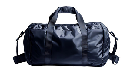 A studio shot of a dark blue duffel bag with handles and straps   showing texture isolated on transparent background