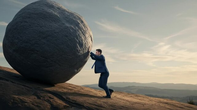 Perseverance under immense pressure, businessman pushing a massive rock uphill