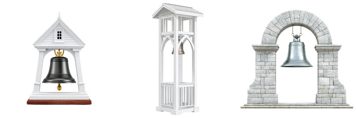Obraz premium Three distinct bell towers each display a hanging metal bell within unique architectural frames.
