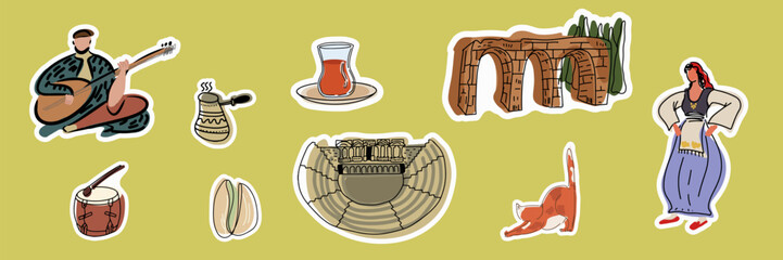 Set of stickers hand drawing, line art simple art, Turkish, Istanbul landmarks, symbols, famous places. Collection of isolated Vector illustrations.