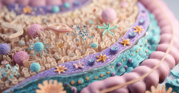 Depicts a detailed anatomical cross-section, likely representing intestinal tissue or another similar biological structure.