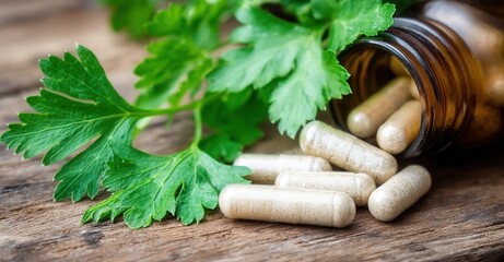 Herbal Supplement Capsules: Capsules and fresh parsley, spilling from a jar, symbolizing natural health remedies and holistic medicine.