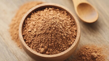 A wooden bowl filled to the brim with brownish ashwagandha powder. A small wooden spoon is lying nearby. A photo with a place for the text.