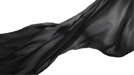 A flowing black fabric   with visible folds and subtle light variations isolated on transparent background